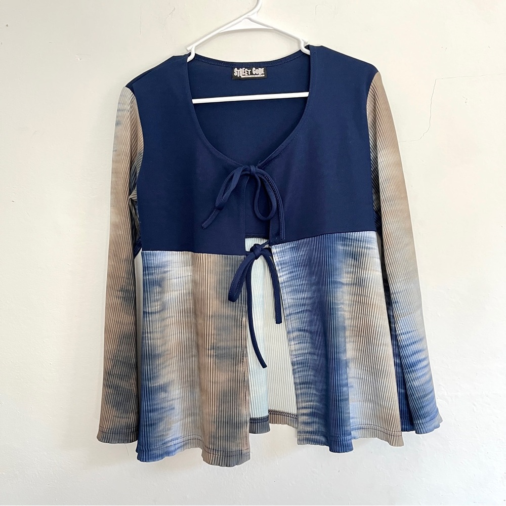 Vtg Y2K Street Code | Open Tie Cardigan w/Bell Sleeves | Navy/Tan Tie Dye | M